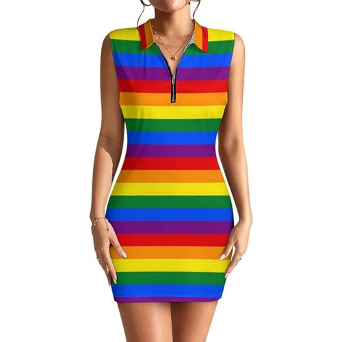 Women's Tennis Golf Dress Rainbow Sleeveless Polo Dress Quick Dry Casual Zipper Sport Activewear L