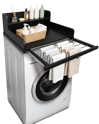Arbeitsplatte Waschmaschine mit Ausziehbarer Handtuchhalter Waschmaschinen Auflage Holz mit 2 Stufigem Regal Wasserdicht und mit Kantenschutz für Waschmaschine und Trockner 60x60x35cm (Schwarz)