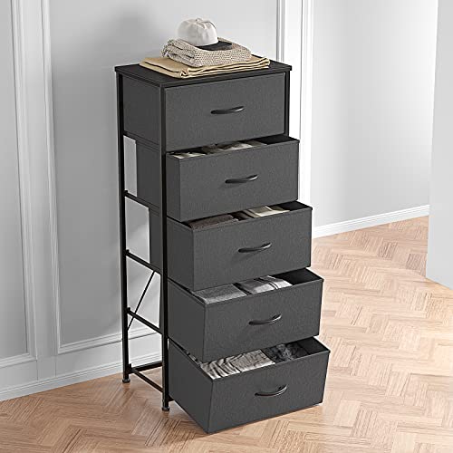 Cubicubi Dresser For Bedroom, Tall Kids Bedroom Fabric Dresser 5 Drawer Vertical Dresser Storage Tower Organizer Unit For Hallway Entryway Closets, Steel Frame Wood Top, Black Grey #TOP3