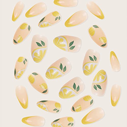 Lemon Press On Nail Summer Fake Nail French Tips Holiday Party Nail Decor Stick On Nail With Glue Yellow Lemon French Design Full Cover Manicure Salon False Nail For Women Girls Acrylic Nail #TOP1
