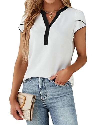 Blooming Jelly Women's Dressy Casual Tops Business Work Blouses Cute Button Down Shirts 2026 Summer Short Sleeve Chiffon Outfit (White with Black,Medium)