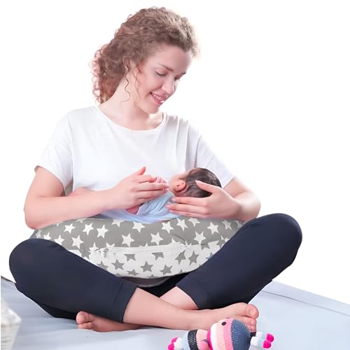 Image of Adjustable Baby Breast Feeding Pillow, Nursing Pillow, Maternity Feeding Pillow with Detachable Cover 0-24 Months Breastfeeding 24 x 22 x 6 inches (Grey & White Star)
