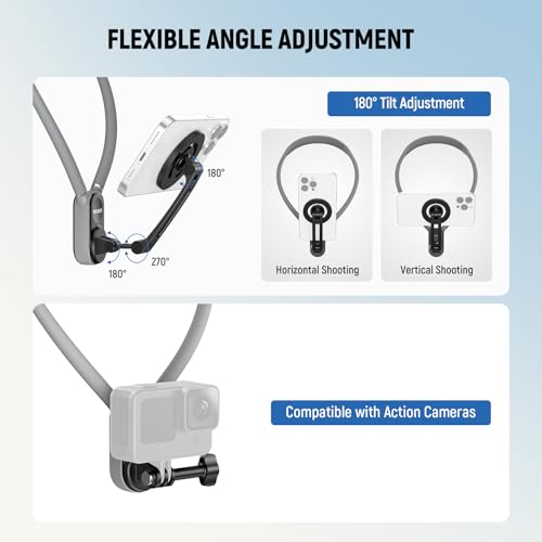 NEEWER 磁気 ネックレス式マウント カメラ首掛け ネックホルダー アクションカメラとスマホ用 落下防止 ハンズフリー コンパチブル Insta360 iPhone 15 Android POVビデオ録画用 GP16 グレー