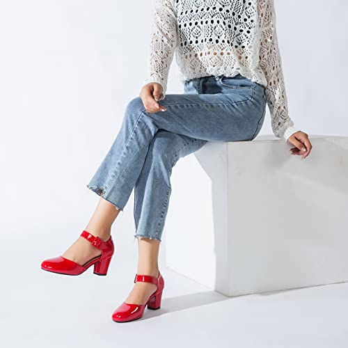 Eugisy Women's Ankle Strap Pumps Closed Round Toe Buckle Low Chunky Block Heel D'orsay Sandals Dress Wedding Party Shoes Red Pu 44-11Us #TOP1