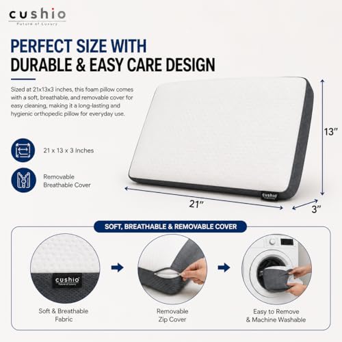 Image of CUSHIO Memory Foam Pillow for Neck Pain and Shoulder Pain, Cervical Orthopedic Pillow 21x13x3 Inch, Ergonomic Memory Foam Neck Support Pillow, Ortho Pillow for Sleeping (Set of 1) White & Grey