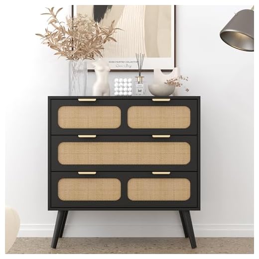 QEIUZON 3 Drawer Dresser, Modern Rattan Dresser Chest with Wide Drawers and Metal Handles, Farmhouse Wood Storage Chest of Drawers for Bedroom, Living Room, Hallway, Entryway (Black)