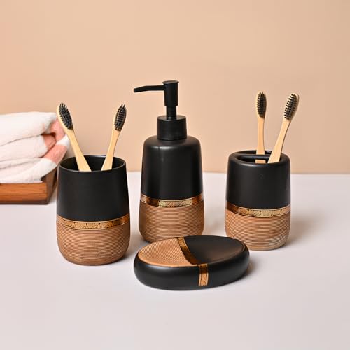 Image of Market99 Ceramic Bathroom Set of 4 in Matte Golden & Black with Elegant Wooden Elegance Design, Includes Soap Dispenser, Tumbler, Toothbrush Holder, and Soap Dish, Soap Dispenser 400 ML Capacity