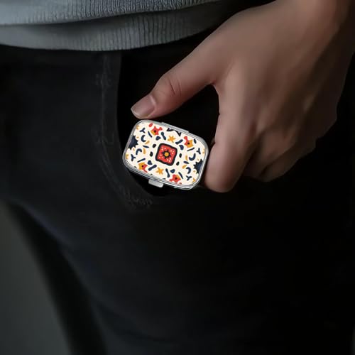 Image of Pill Box-2 Compartment Small Pill Case Portable for Pocket & Purse Single Pill Carrier Pill Container to Hold Vitamins Medication Fish Oil and Supplements BPA-Free(Hand Painted Tiles)