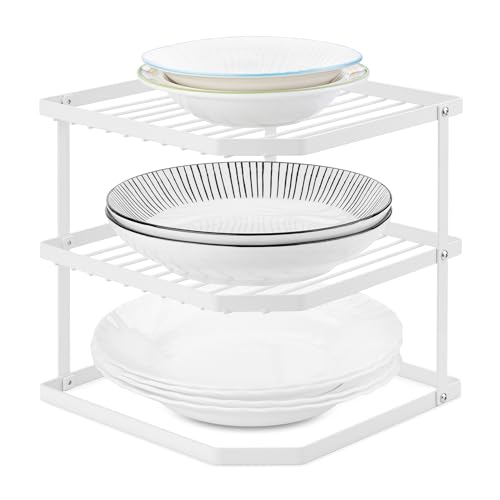 QIWODE Estante de platos para armario, estante de esquina de cocina de 3 niveles, organizador de estante de almacenamiento y organización de armario de cocina, color blanco