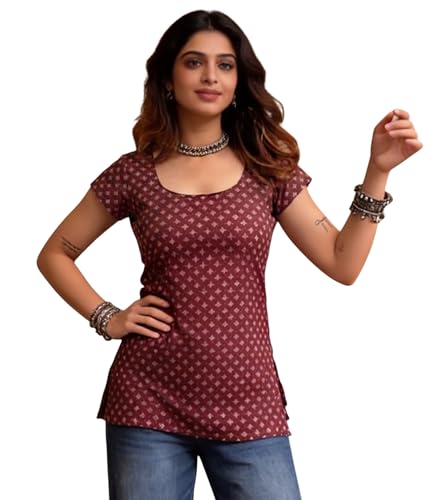 Image of Lymio Women's Short Kurti Top | Short Sleeve Rayon Scoop Neck Casual Ethnic Tunic | Summer Resort & Garden (K-237-42-47)