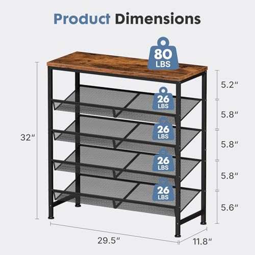 DUMOS Shoe Rack for Entryway, 5-Tier Shoe Organizer with Adjustable Mesh Shelves and Wooden Top, Freestanding Storage Rack Holds 16-20 Pairs for Closet, Bedroom, Rustic Brown by DUMOS - Used condition - Image 2