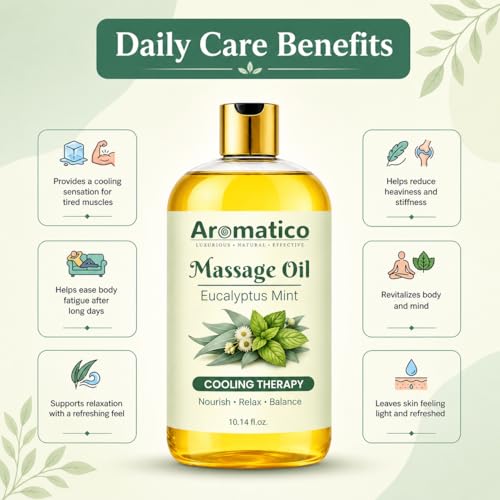 Image of AROMATICO Eucalyptus Mint Massage Oil - Eucalyptus Massage Oil with Peppermint, Almond & Jojoba for Muscle Relaxing, Stress Relief & Skin Nourishment | 300ml