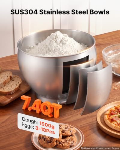 Image of VEVOR 7.4 Qt Tilt Head Stand Mixer 500W Electric Dough Mixer, 6 Speeds with Pulse Food Kitchen Mixer with Stainless Steel Bowl, Splash Guard, Dough Hook, Whisk, Beater, for Baking Mixing
