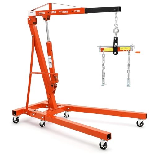 ActiveTrail 2 Ton Folding Hydraulic Engine Hoist, Load Leveler, 4400 LBS Capacity, Heavy Duty Cherry Picker, 6 Swivel Wheels, Hydraulic Pump Adjustable Boom (0.5t-2t) for Garage Workshop Warehouse
