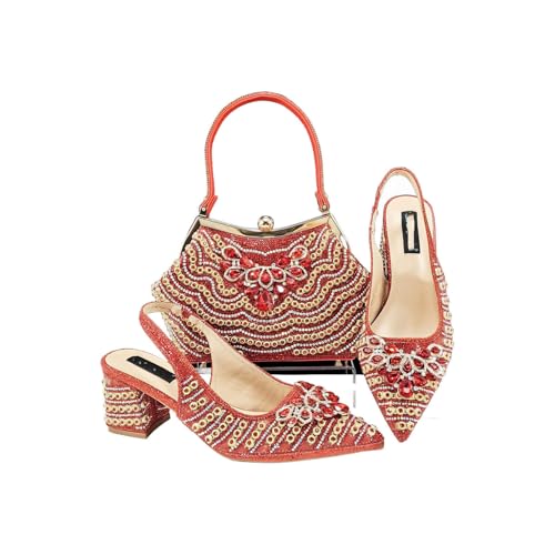 Women Comfortable high Heel Shoes and Bag Fashion Style Pointed-Toe Shoes for Women Red