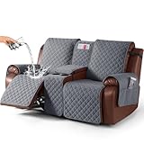 KinCam 100% Waterproof Recliner Loveseat Cover with Console, Non-Slip Reclining Couch Covers for 2 Seat, Recliner Sofa Cover Furniture Protector with Elastic Straps for Kids, Pets, Dark Gray