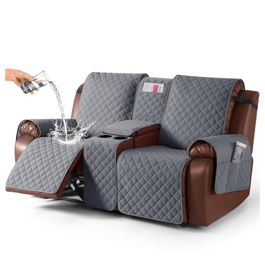 KinCam 100% Waterproof Recliner Loveseat Cover with Console, Non-Slip Reclining Couch Covers for 2 Seat, Recliner Sofa Cover Furniture Protector with Elastic Straps for Kids, Pets, Dark Gray