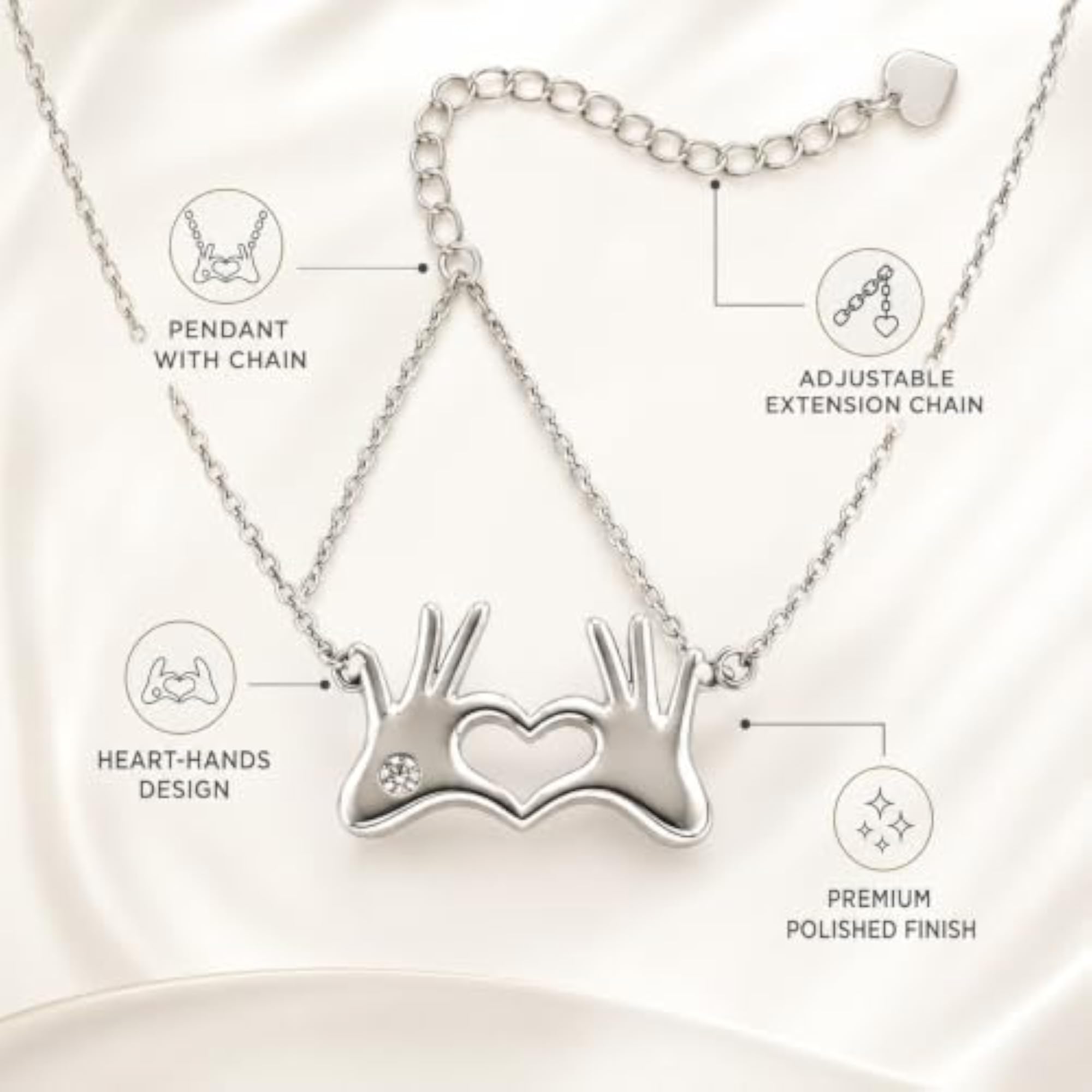 Women's 925 Sterling Silver Heart Hands Necklace, Adjustable