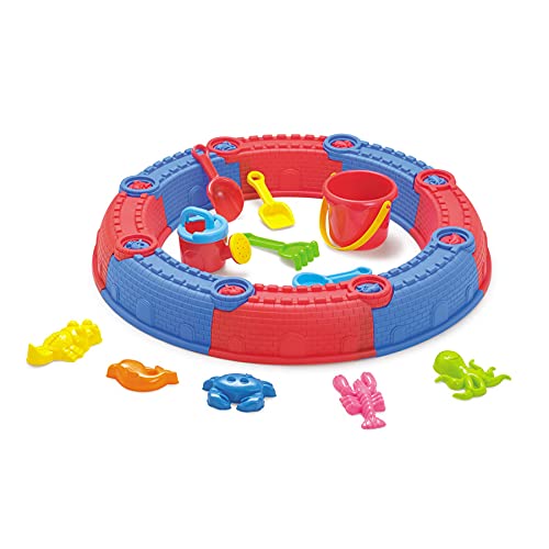 Sabbiera modulare rotonda 8 segmenti rosso/blu – impilabile e inseribile – con 11 accessori – giocattolo di sabbia per giardino e spiaggia – Ø 68 cm, altezza 10 cm