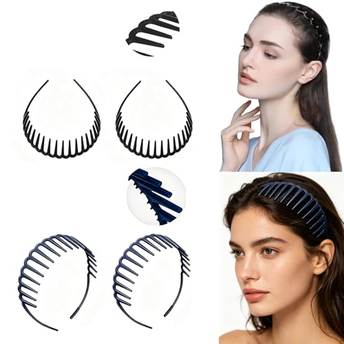 Image of VedicBloo 4 Pcs Shark Tooth Resin Hairband, Non-Slip Adjustable Wavy Hair Hoop, Fashion Sports Yoga Headband for Women Girls, Black & Navy Blue, 2 Pcs Each Color