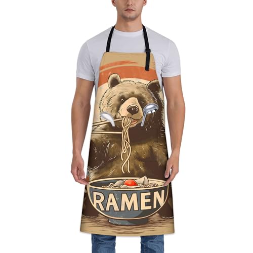 Turamurra Bear with Ramen Apron for Women Men 28x33in Kitchen Chef Aprons with 2 Pockets Polyester Fun Foodie Theme Apron for Cooking BBQ Baking Gardening Chef Gifts for Mom Wife Dad