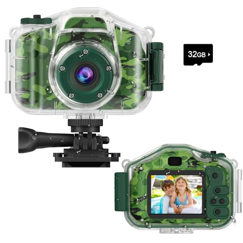 Agoigo Kids Waterproof Camera - Children Underwater HD Video Digital Camcorder, Portable Travel Toy for Toddler - Ideal Christmas Birthday Gifts for Boys Girls Age 3-12 with 32GB Card (Camo)