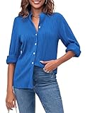 Fisoew Womens Long Sleeve Shirts Mandarin Collar Button Down Textured Work Blouse Tops Blue