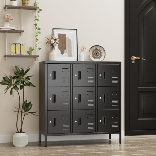 Image of SUPEER Metal Lockers for Employees with 9 Doors,Lockable Metal Locker with Keys and Card Slot,Office Storage Locker for School Gym Home,15.79 inch D x 35.51 inch W x 37.8 inch H,Black,Assembly Required