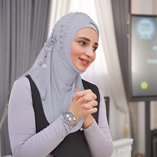 Woeoe Pearl Muslim Hijab Cap Plain Color Pre-Tied Flower Hijab Lightweight Muslim Head Wrap For Women And Girls #TOP6