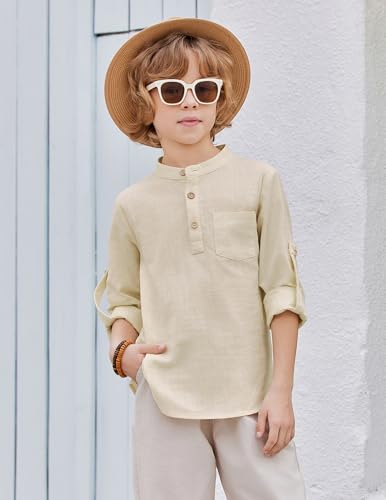 Image of Arshiner Boys Cotton Linen Henley Shirt Button Down Shirt Long Sleeve T Shirt Beach Shirt Tee Casual Solid Tops