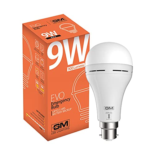 GM Evo 9W LED Emergency Inverter Bulb, 6500K Cool Daylight White, 100 Lumens/Watt, Rechargeable Backup Bulb with B22 Base for Home & Office Lighting – Pack of 1