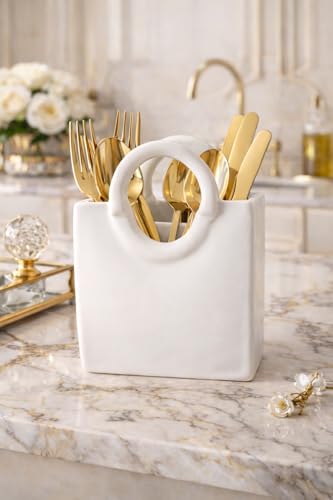 Image of Ceramic Utensil Holder, White Kitchen Organiser, Cutlery Set Holder (White)