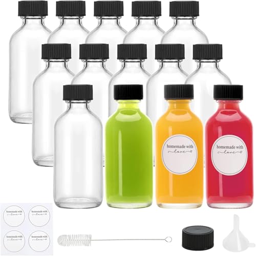 Premify 12 Pack 2oz Glass Bottles with labels Funnel and Brush Small Empty Refillable Mini Jars For Essential Oils Ginger Shots Juice Shot DIY Projects Leak-Proof BPA-Free with Caps