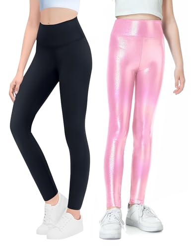Gnainach Girls Metallic Pants Pink and Pure Black Size 8-9 Years Old Durable Slim High Waisted Athletic Leggings