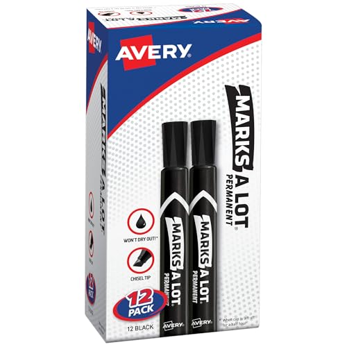 Avery Marks-A-Lot Permanent Markers, Large Desk-Style Size, Chisel Tip, Water and Wear Resistant, 12 Black Markers (98028) Avery Marks-A-Lot Permanent Markers, Large Desk-Style Size, Chisel Tip, Water and Wear Resistant, 12 Black Markers (98028)