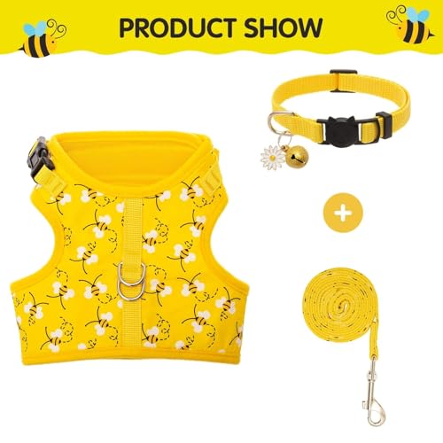 BINGPET Cat Harness with Leash and Collar for Walking - Escape Proof with 59 Inches Leash - Adjustable Soft Vest Harnesses for Medium Large Cats Bee