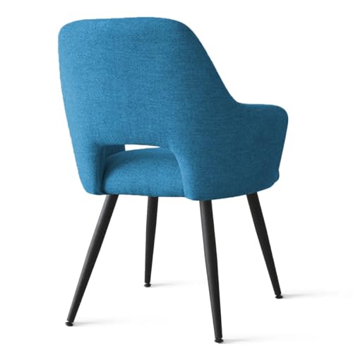 Image of Finch Fox Motel Luxurious Home Collection Upholstery Fabric Arm Dining Room Chairs in Blue Color with Black Metal Powder Coated Legs (Set of 4)