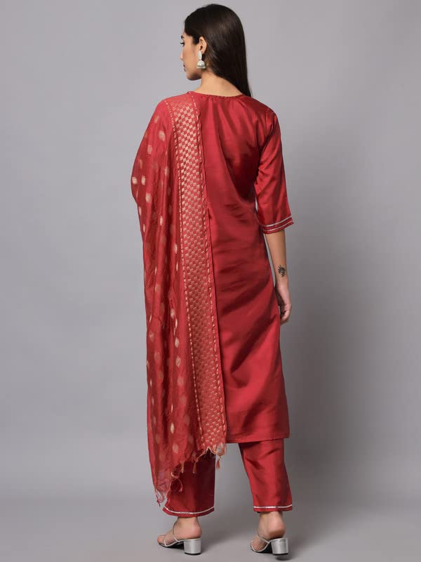Image of VredeVogel Women's Cotton Silk Blend Embroidered Viscose Print Kurta Pant With Dupatta Set