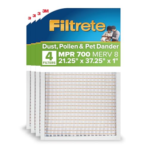 Image of Filtrete 21.25x37.25x1 AC Furnace Air Filter, MERV 8, MPR 700, Tough on Pollen, Easy on Airflow, 3-Month Pleated 1-Inch Electrostatic Air Cleaning Filter, 4-Pack (Actual Size 21.06 x 37.06 x 0.65 in)