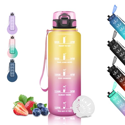 Gourde 1.5L, Gourde Sport, Gourd Filtrante Anti-Fuite, Gourd Motivation avec Slogan de Motivation, Gourdes de Camping et Randonnée, Facile à Nettoyer, pour Fitness, Extérieur, Running, Jaune-Rose