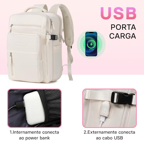 Mochila de Viagem Expansivel Avião Grande Feminina,Mochila Executiva Masculina Impermeável Reforçada para Notebook,Casual Esportes Hiking Escola Presente (Bege) - Imagem 5
