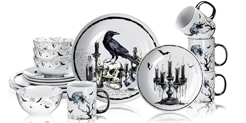 Pickmesh 16 Pcs Halloween Gothic Ceramic Dinnerware Serve for 4 Guest Holiday Dinner Festive Collection Gifts Spooky Kitchen Decoration Holly Ivy Dessert Plate Bowl Mug for Holiday Party
