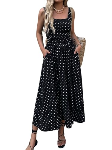 Image of Mieazom Women's Boho Summer Maxi Dress with Pockets, Adjustable Waist, Sleeveless Casual Ruched Sundress for Beach Vacation