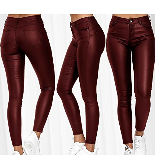 Pantalon en cuir PU femmes taille haute décontractée bordeaux 3XL mode - 5