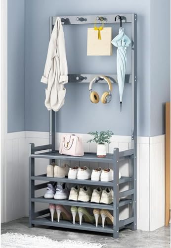 Banc à chaussures et porte-vêtements exquis en bois gris pour entrée