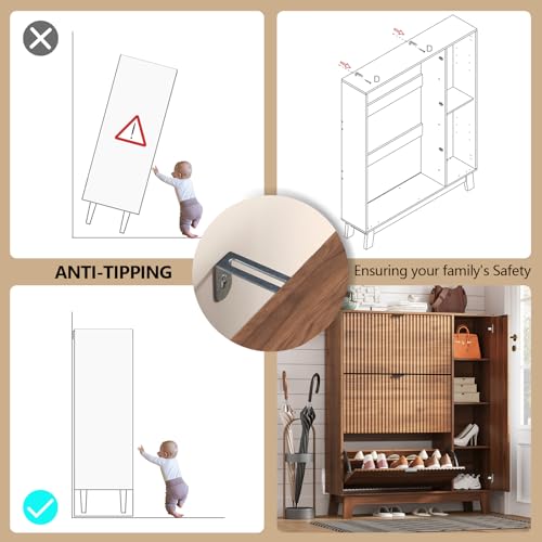 Image of Shoe Cabinet Storage for Entryway with 3 Flip Drawers & Side Cabinet, Fluted Narrow Shoe Organizer with Wooden Leg, Freestanding Shoe Storage Hidden Shoe Rack Organizer for Front Door Entrance, Walnut