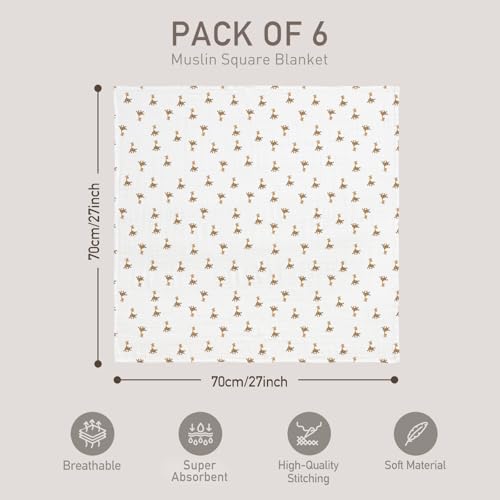 Image of GLLQUEN BABY Receiving Blanket Boy Cotton Muslin Swaddle Blankets Girl Newborn Squares Breathable & Soft Thin Baby Blankets Cloths Double Absorbent Infant Swaddling Wrap - 6 Pack (Giraffe)