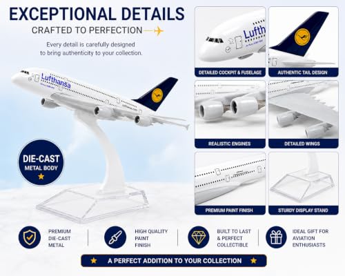 Image of Lufthansa Airbus A380-800 Die-Cast Metal Airplane Model with Display Stand | 18 cm Aircraft Collectible | Desktop Office Decor | Aviation Gift for Kids & Adults | Scale Model Plane