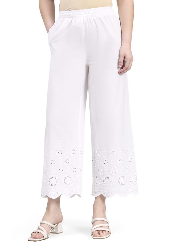 Image of GO COLORS Soft Cotton Embroidered Wide Pant Full Length for Women | Mid Rise, Breathable