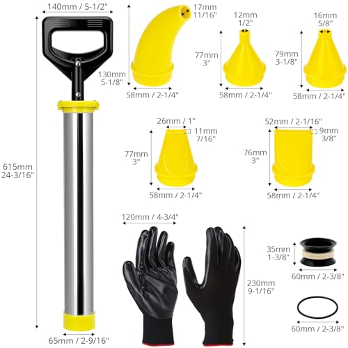 QWORK® Edelstahl Mörtelspritze mit 5 Düsen, Ersatz Siegelkopf und Handschuhen – Ergonomisch und Langlebig für Präzise Verfugungen